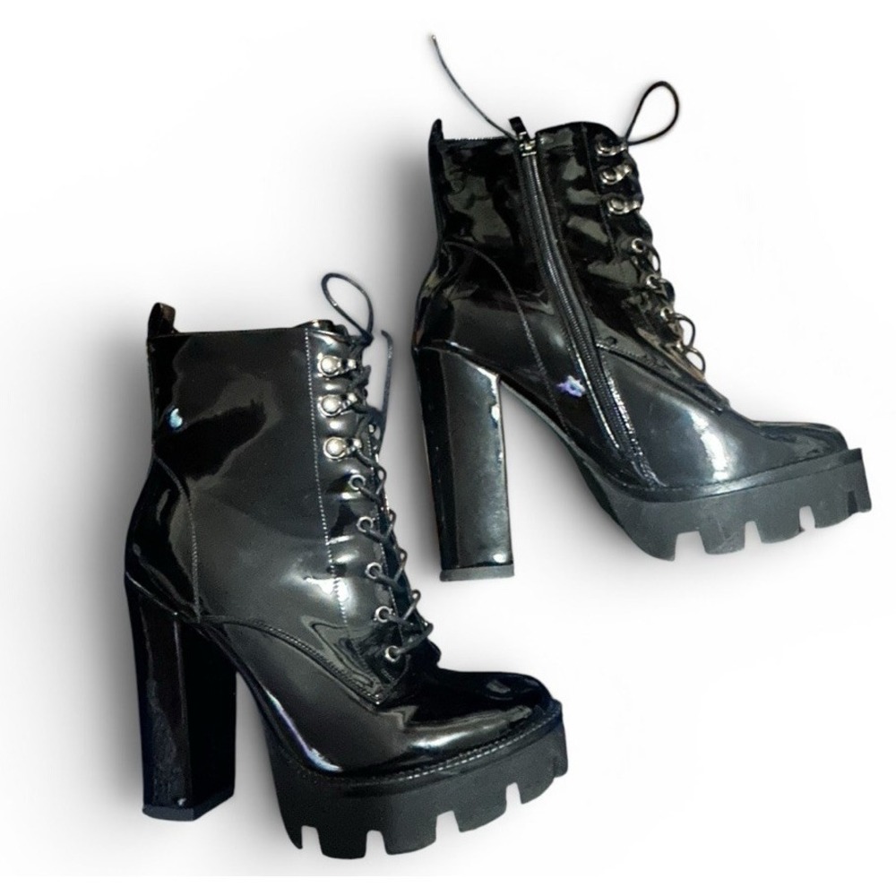 WETKISS Black Patent Leather Platform Boots Chunk Heel Punk Goth Lace Up SZ 8/38 - Picture 6 of 8